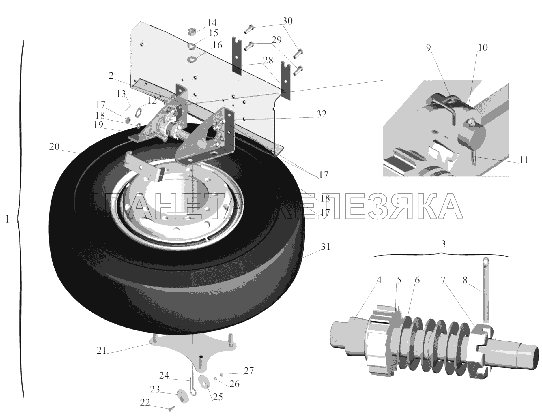 Установка запасного колеса МАЗ-6303A3, 6303A5